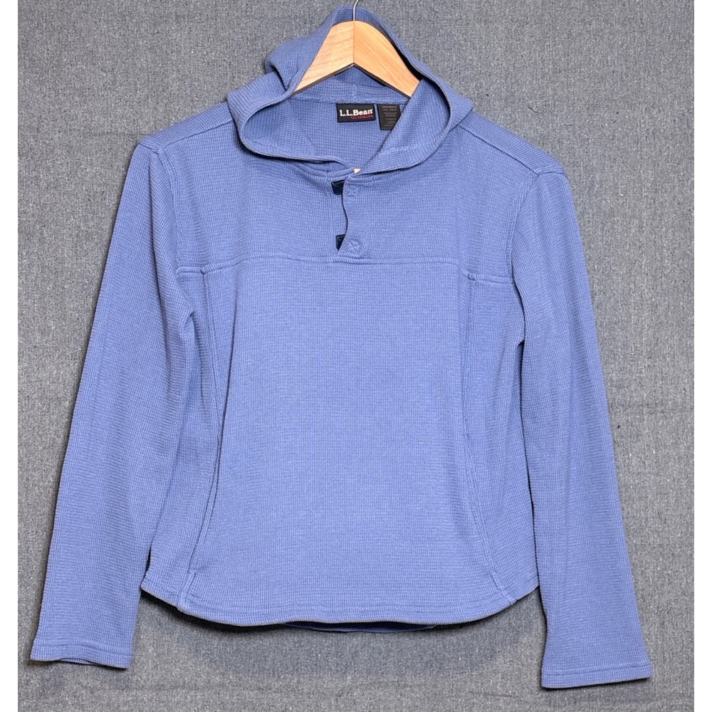LL Bean Outdoors Womens XS‎ Blue Waffle Knit Henley Pullover Hoodie 0RG73